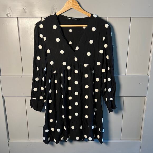 Zara Black with Puffy Polka Dots Mini Dress Size S - Picture 1 of 7